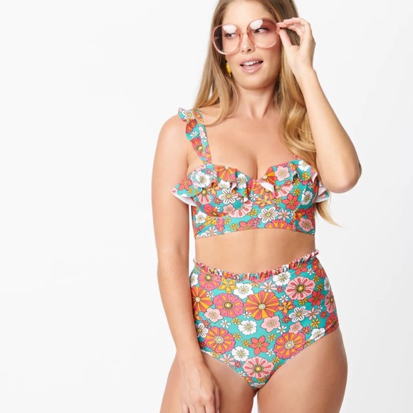 Unique Vintage Turquoise & Pink Floral Print Cape May Swim Bottom - Picture 4 of 10